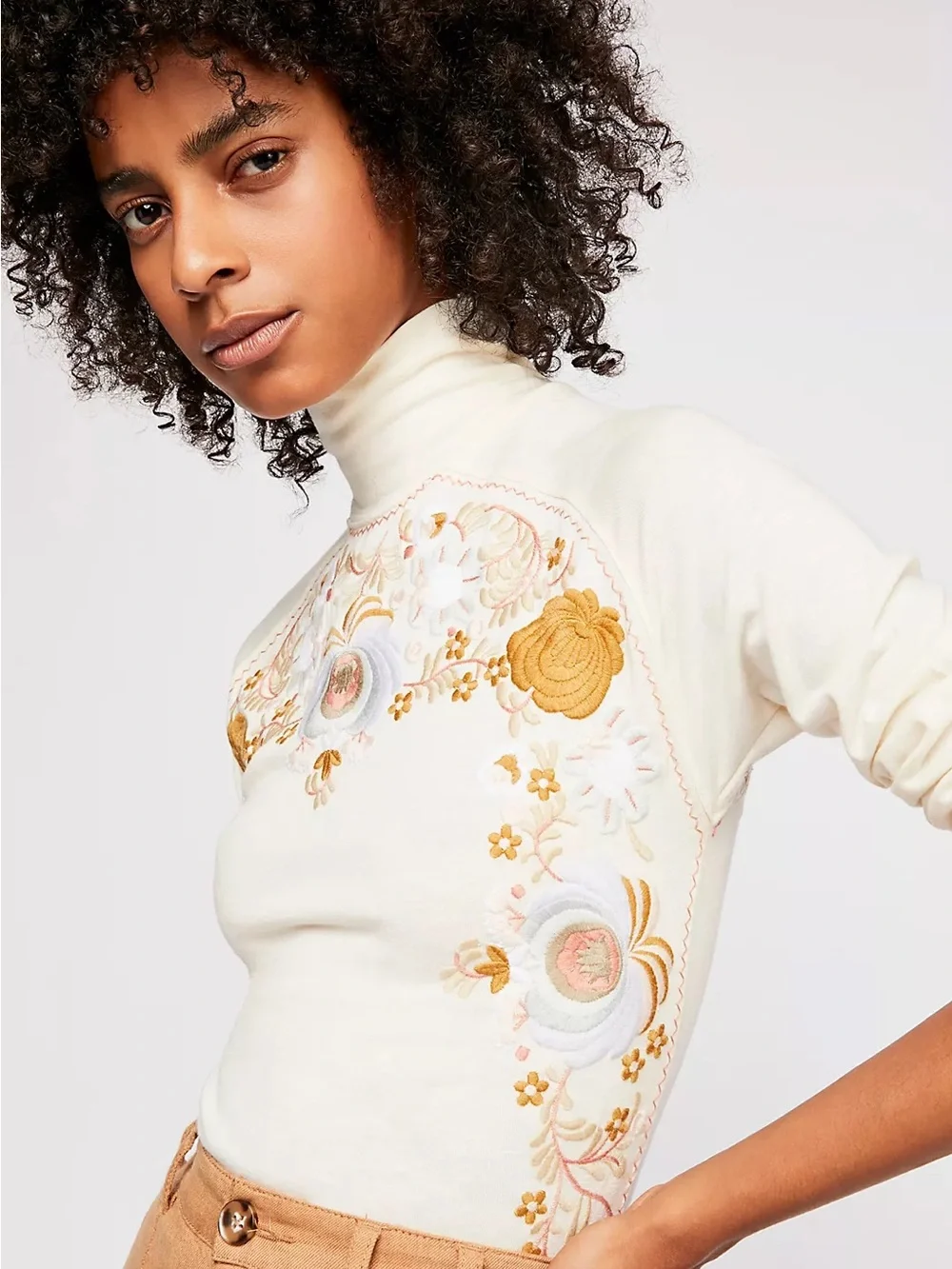 Free People Disco Rose Embroidered Turtleneck Top Ivory XS/S